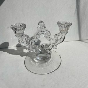 Cambridge double armed depression glass keyhole scroll candle stick holder